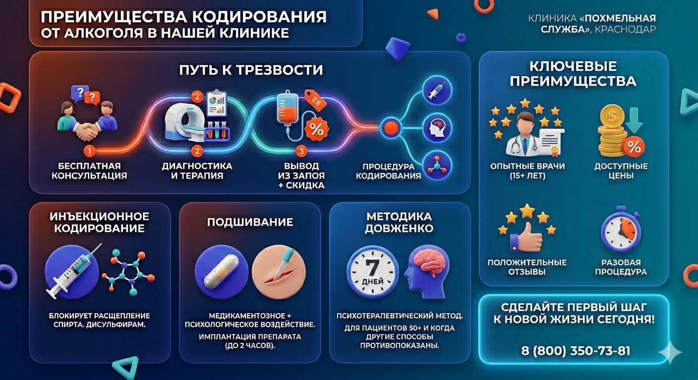 Инфографика о методах кодирования от алкоголя в Яблоновском: инъекции, подшивание, метод Довженко. Преимущества клиники и этапы лечения.