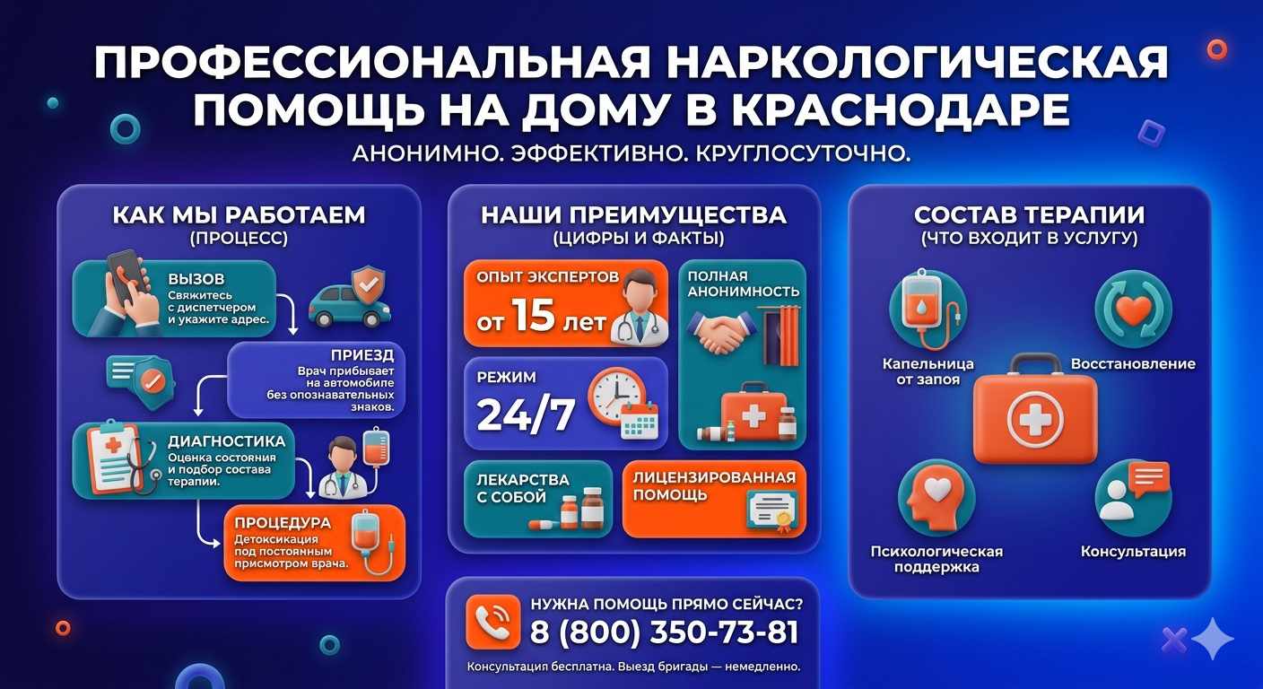 Инфографика о принципах лечения алкоголизма на дому в Яблоновском: этапы вызова нарколога, преимущества анонимной детоксикации и состав медицинской помощи.